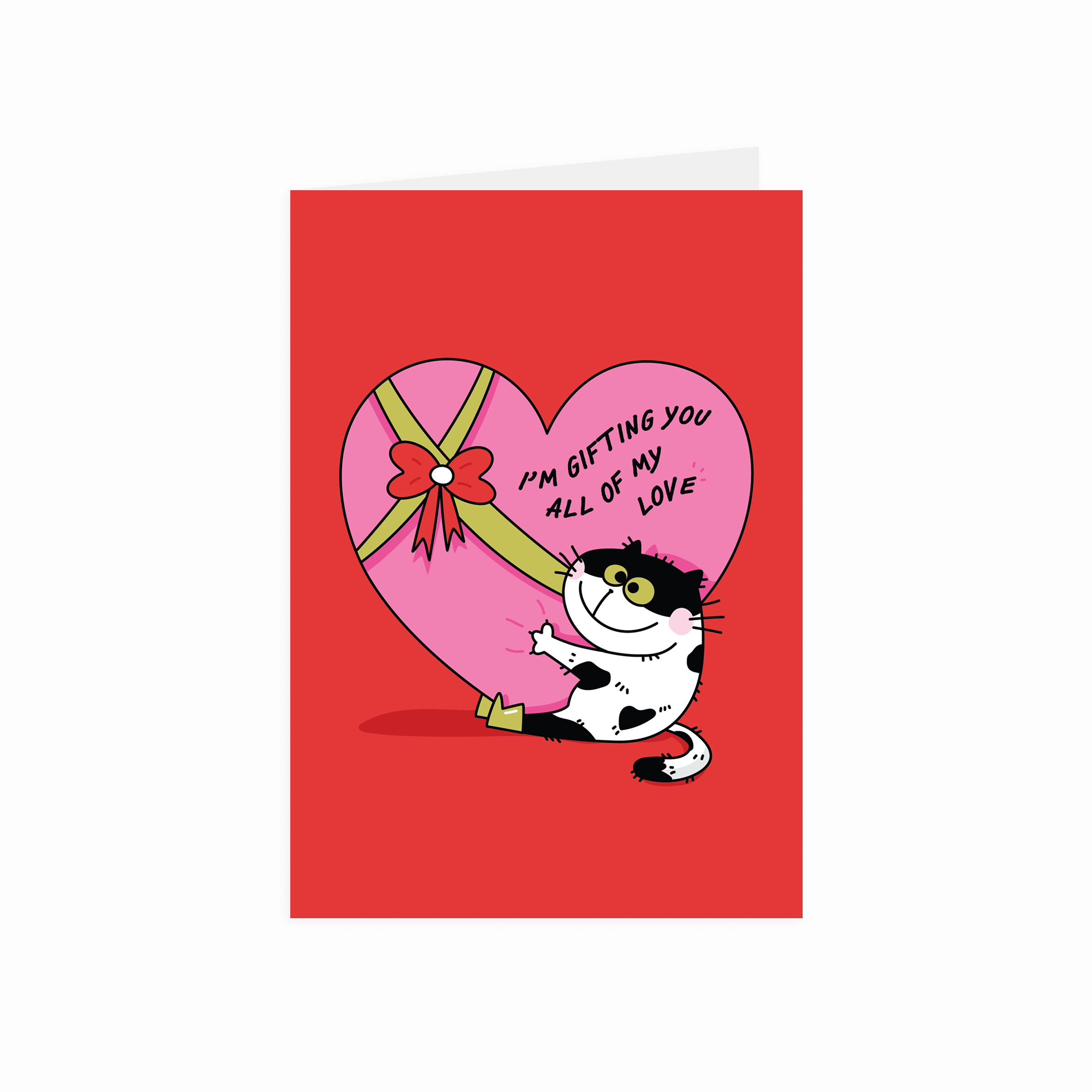 Greeting card with a cartoon cat holding a heart and text on a red background