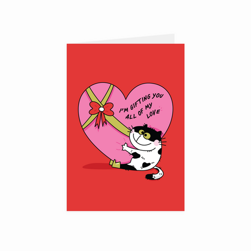 Greeting card with a cartoon cat holding a heart and text on a red background
