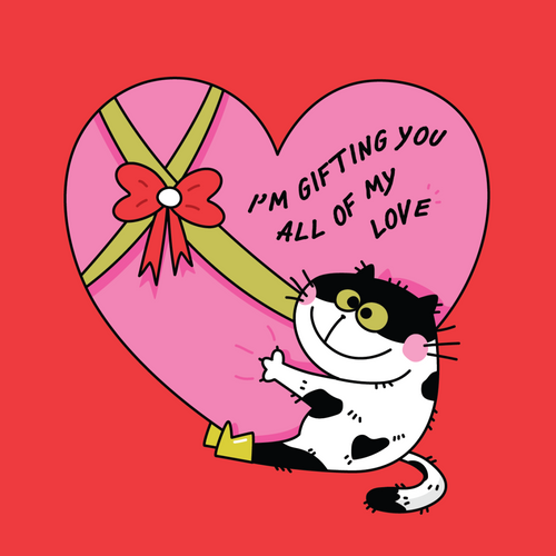 Cartoon cat with a heart-shaped gift on a red background