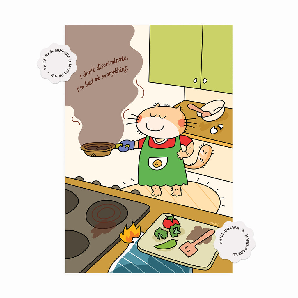 Illustration of a cat cooking in a kitchen with a humorous message.
