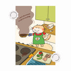 Illustration of a cat cooking in a kitchen with a humorous message.