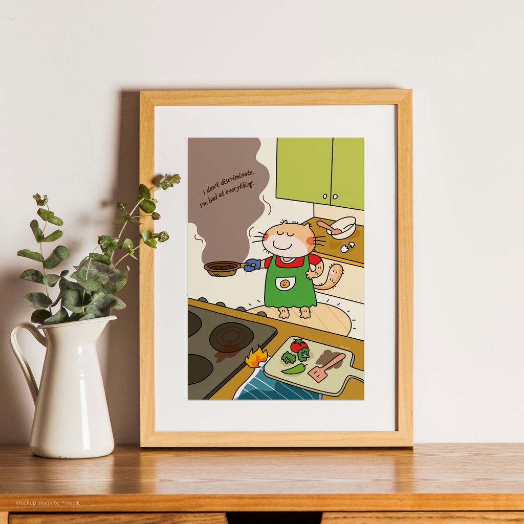 Framed cartoon print of a cat cooking in a kitchen on a wooden shelf with a plant.