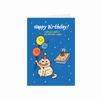 Birthday card with a cartoon cat holding balloons and a cake, on a blue background.