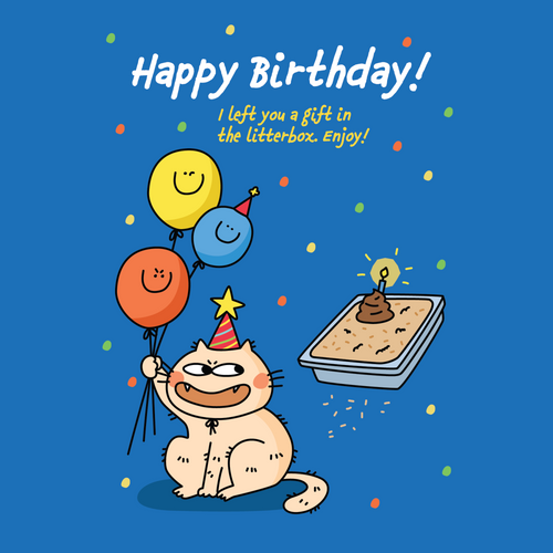 Cartoon cat with balloons and litter box on a blue background with 'Happy Birthday!' text.