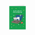 Greeting card with a cat on a laptop and text on a green background