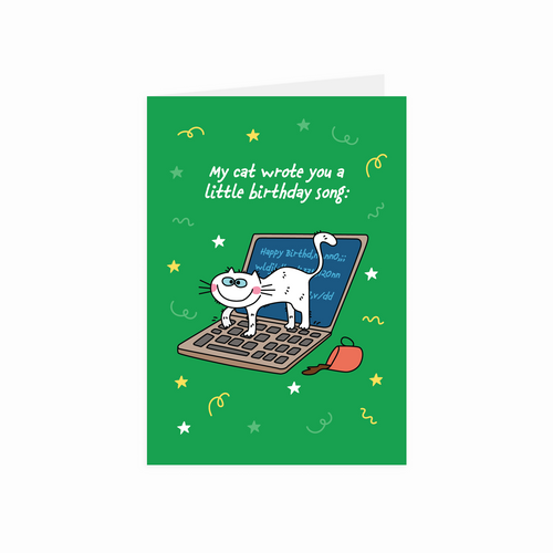 Greeting card with a cat on a laptop and text on a green background