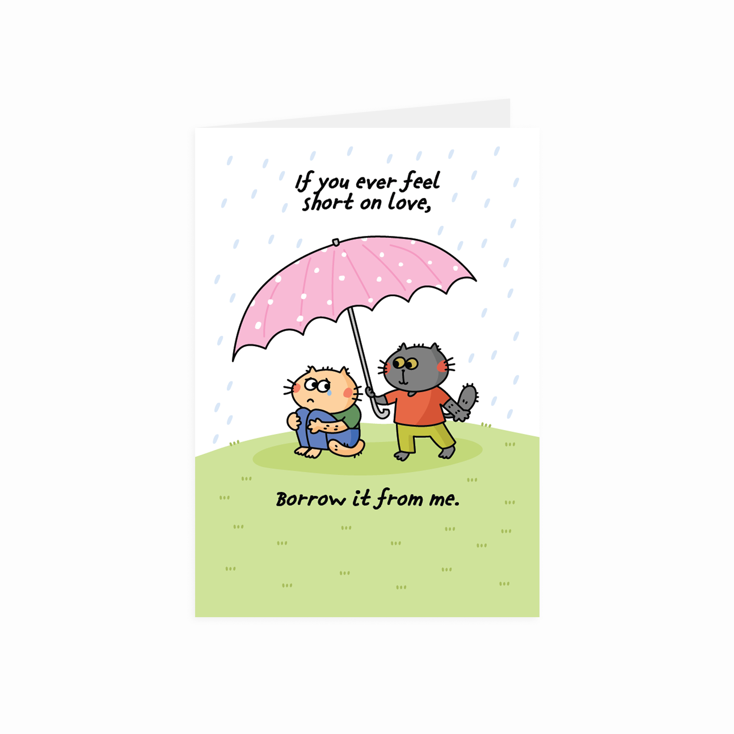 Card with cartoon cats holding a pink umbrella and sweet text on a white background