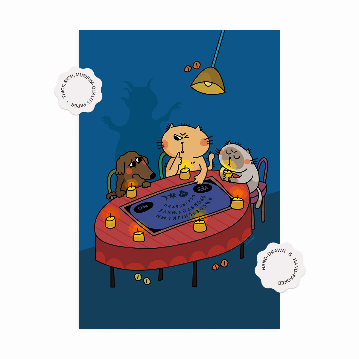 Cartoon illustration of animals around a table with an Ouija Board on a blue backgound