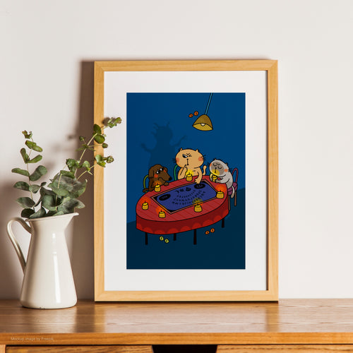 Framed artwork of a cartoon scene with characters around a table on a wooden shelf.
