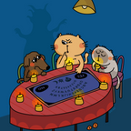 Cartoon cat, dog, and rabbit around a table with an Ouija board under a shadowy figure.