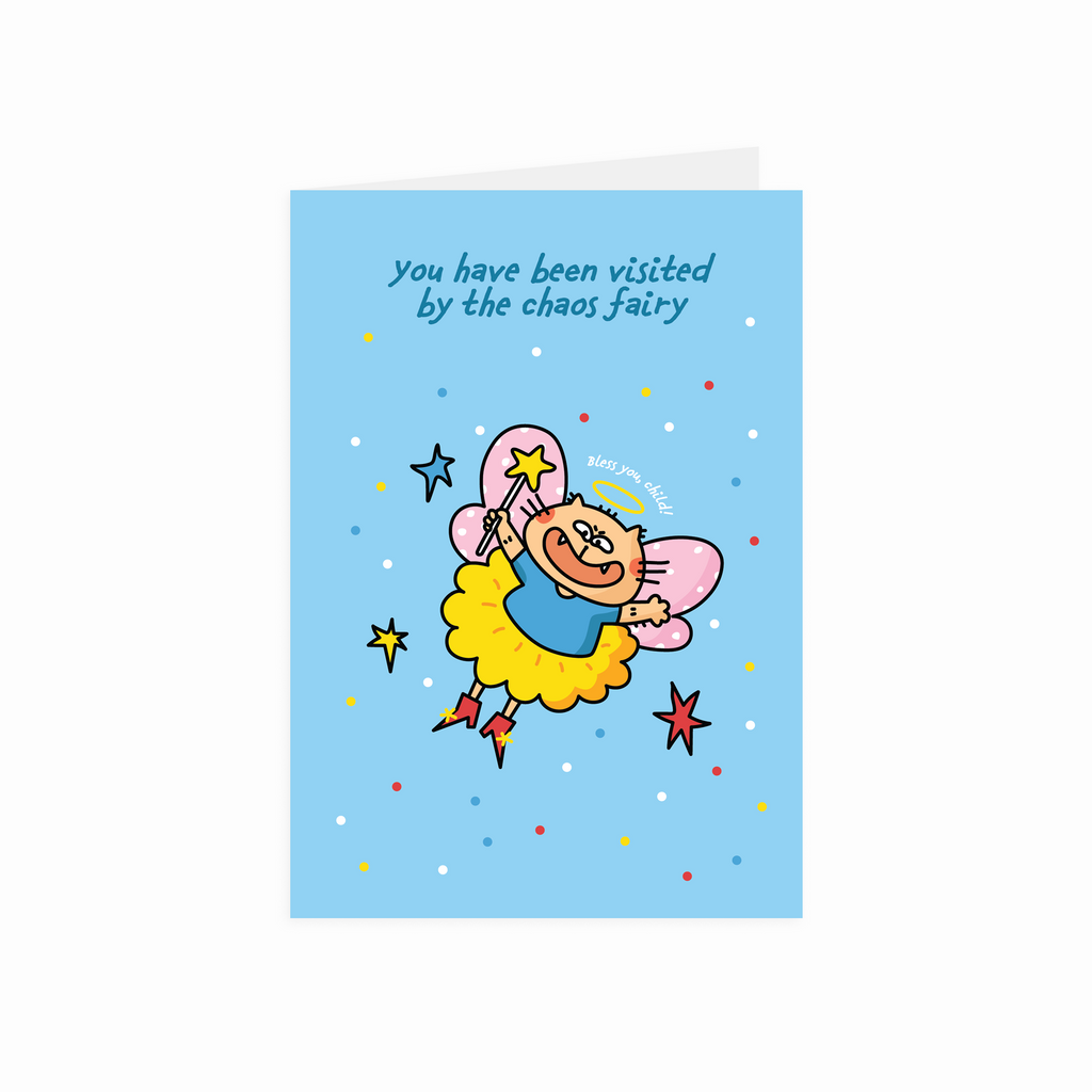 Greeting card with a cartoon fairy on a blue background