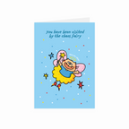 Greeting card with a cartoon fairy on a blue background
