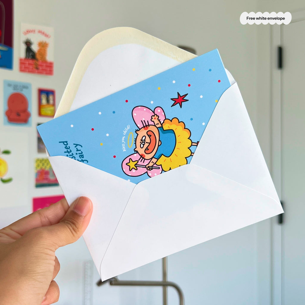 Cartoon cat card with a hand holding a white envelope