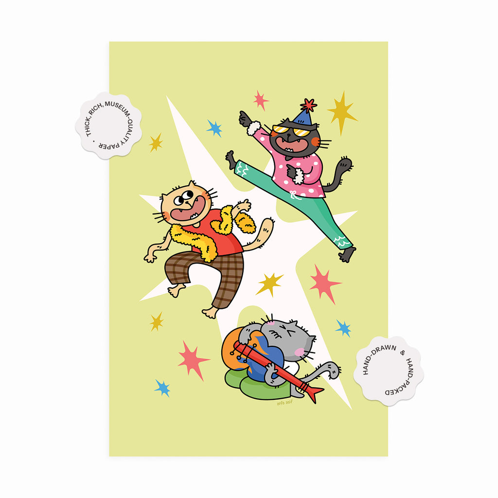 Illustration of cartoon cat characters on a yellow background with stars.