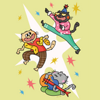 Cartoon illustration of three cats dancing on a yellow background with stars.