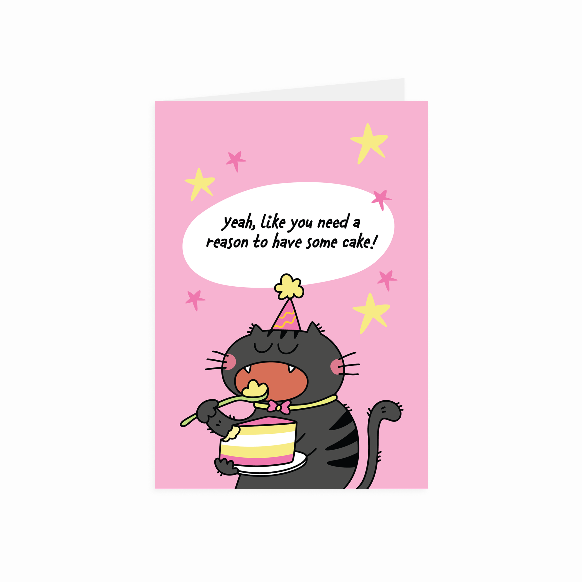 Card with a cartoon cat holding a cake and text on a pink background