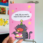 Card with a cartoon cat eating cake and stars on a pink background