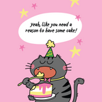 Cartoon cat in a party hat with a cake on a pink background with stars