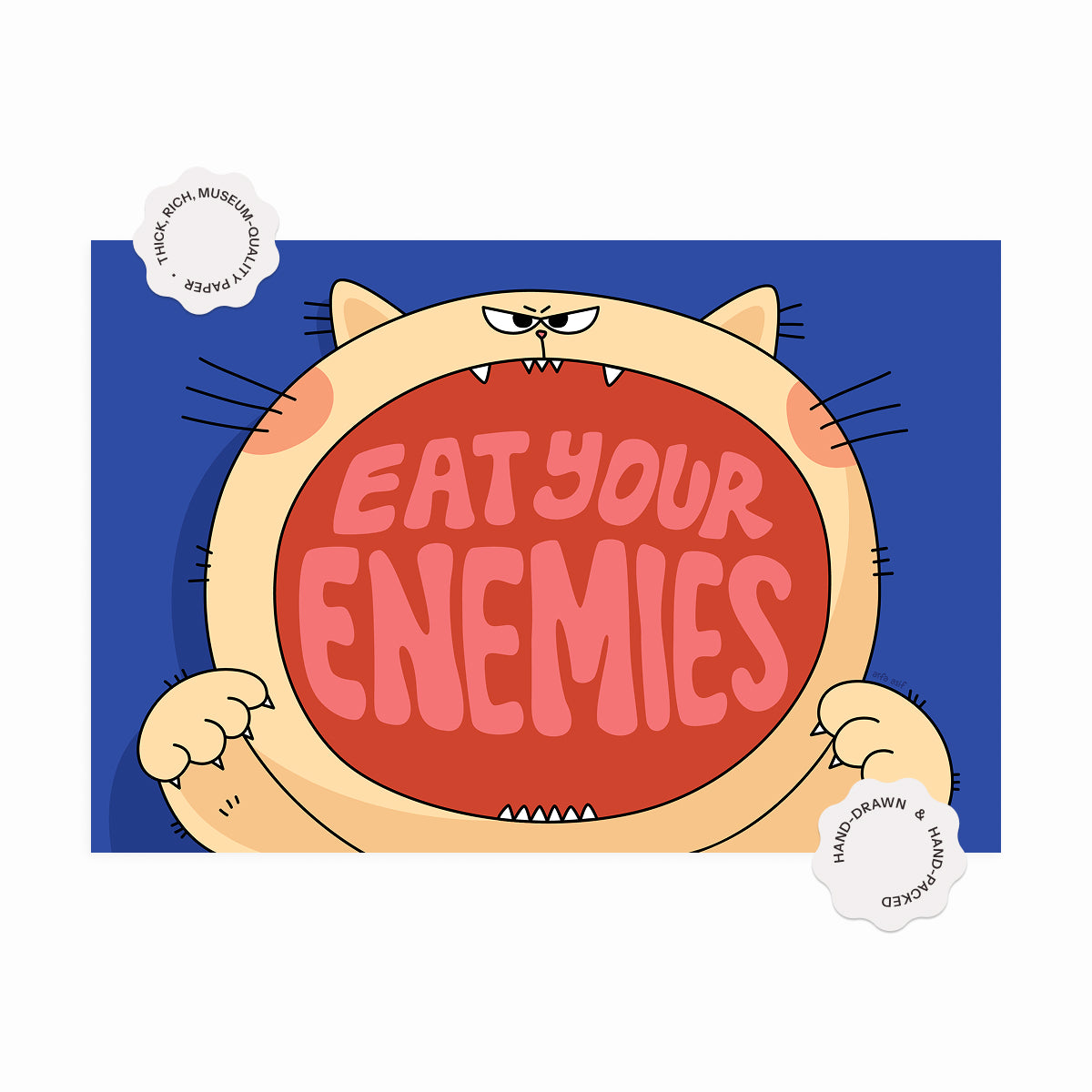 Cartoon cat with 'Eat Your Enemies' text on a blue background
