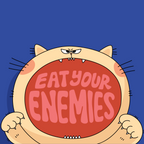 Cartoon cat with 'Eat Your Enemies' text on a blue background