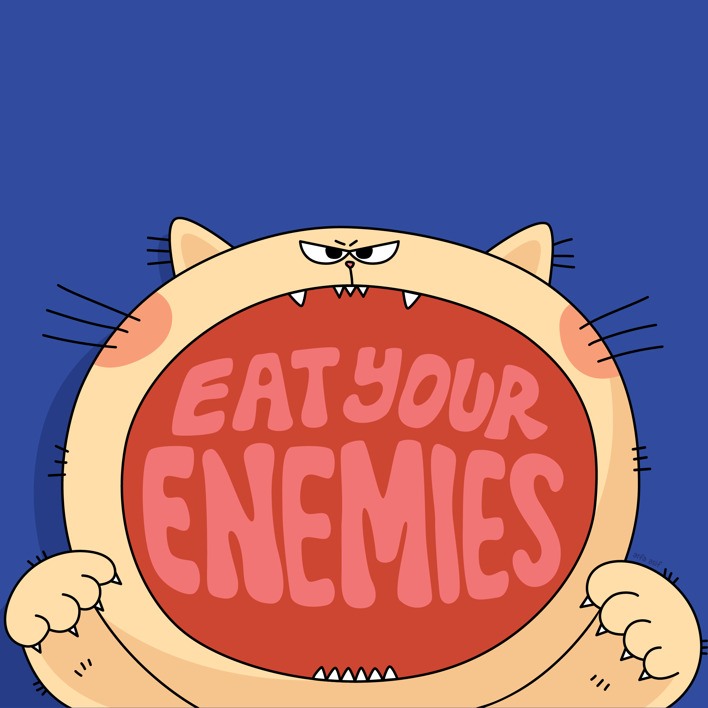 Cartoon cat with 'Eat Your Enemies' text on a blue background