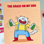 Cartoon cat holding green bottles with text 'The Grass on My Side' on a peach background