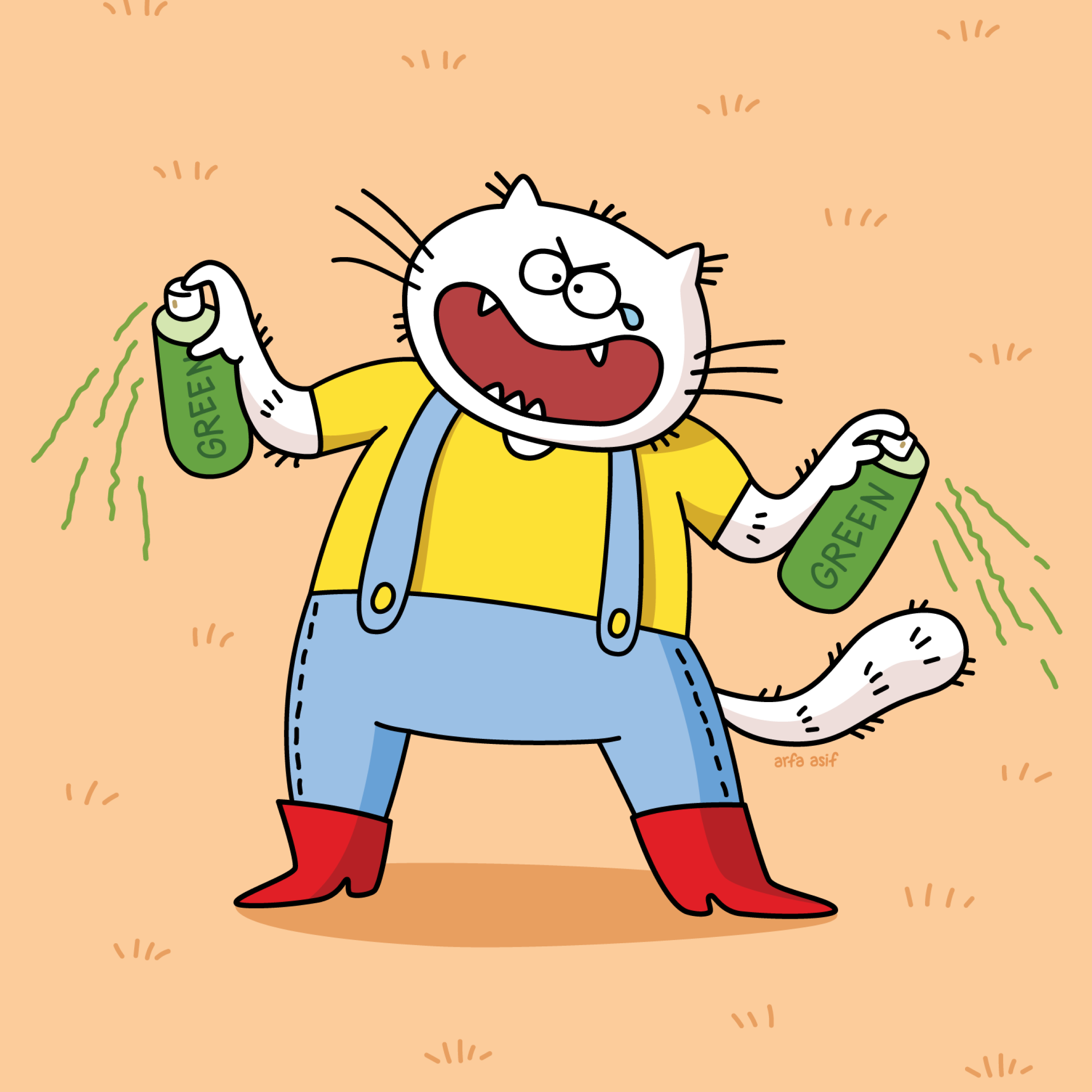 Cartoon cat character holding green bottles on a beige background