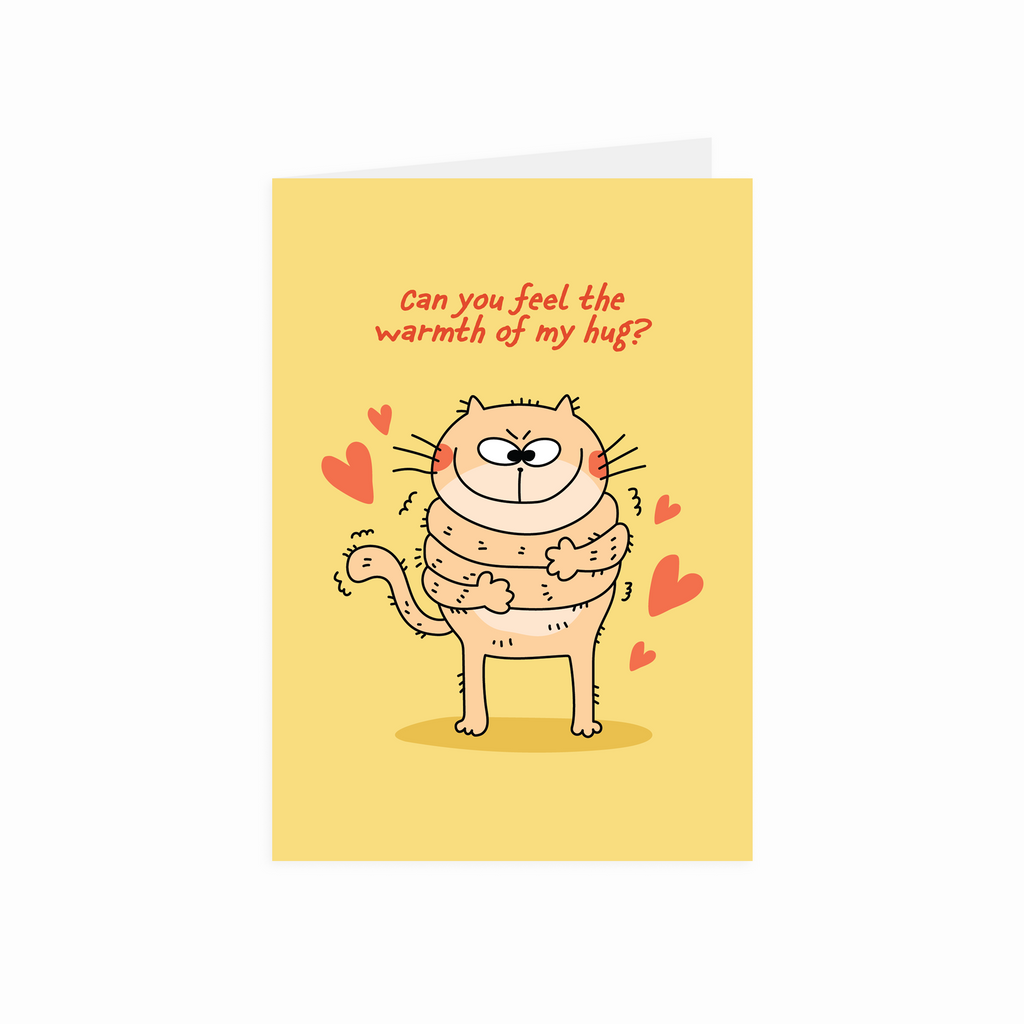 Greeting card with a cartoon cat and hearts on a yellow background
