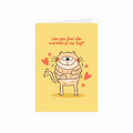 Greeting card with a cartoon cat and hearts on a yellow background