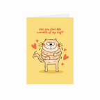 Greeting card with a cartoon cat and hearts on a yellow background