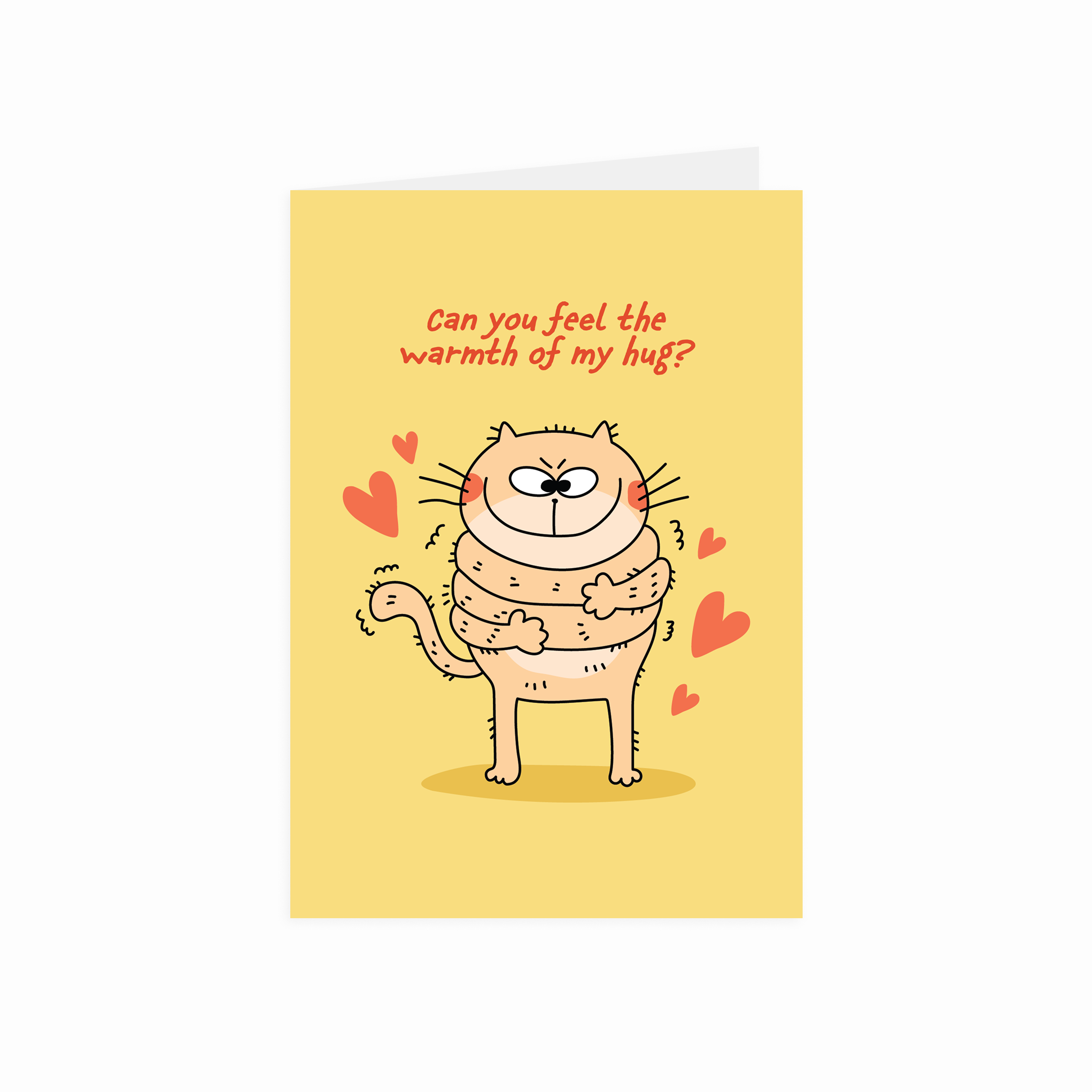 Greeting card with a cartoon cat and hearts on a yellow background