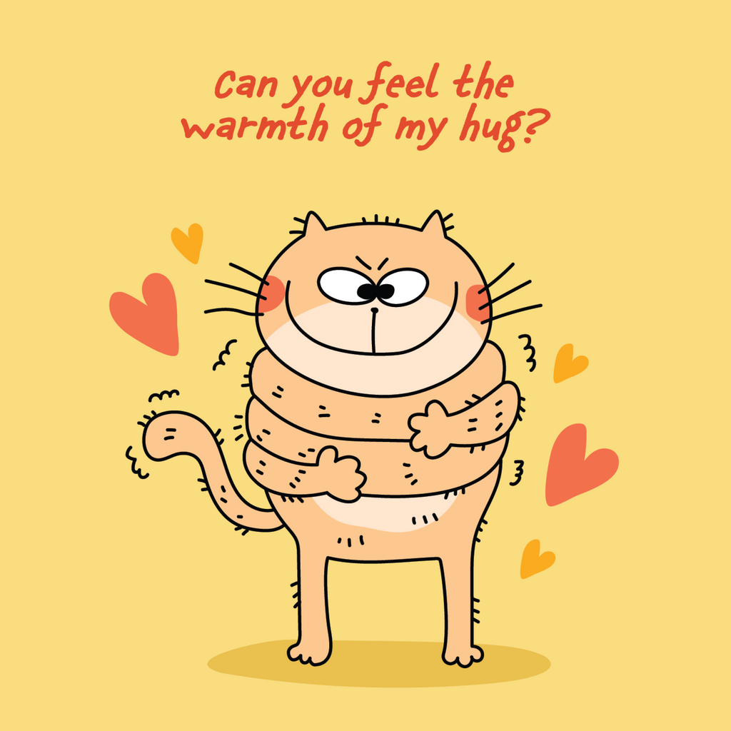 Cartoon cat hugging with hearts and text on a yellow background
