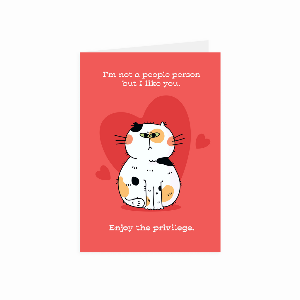 Card with a cat illustration and humorous text on a red background