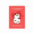 Card with a cat illustration and humorous text on a red background