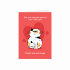 Card with a cat illustration and humorous text on a red background