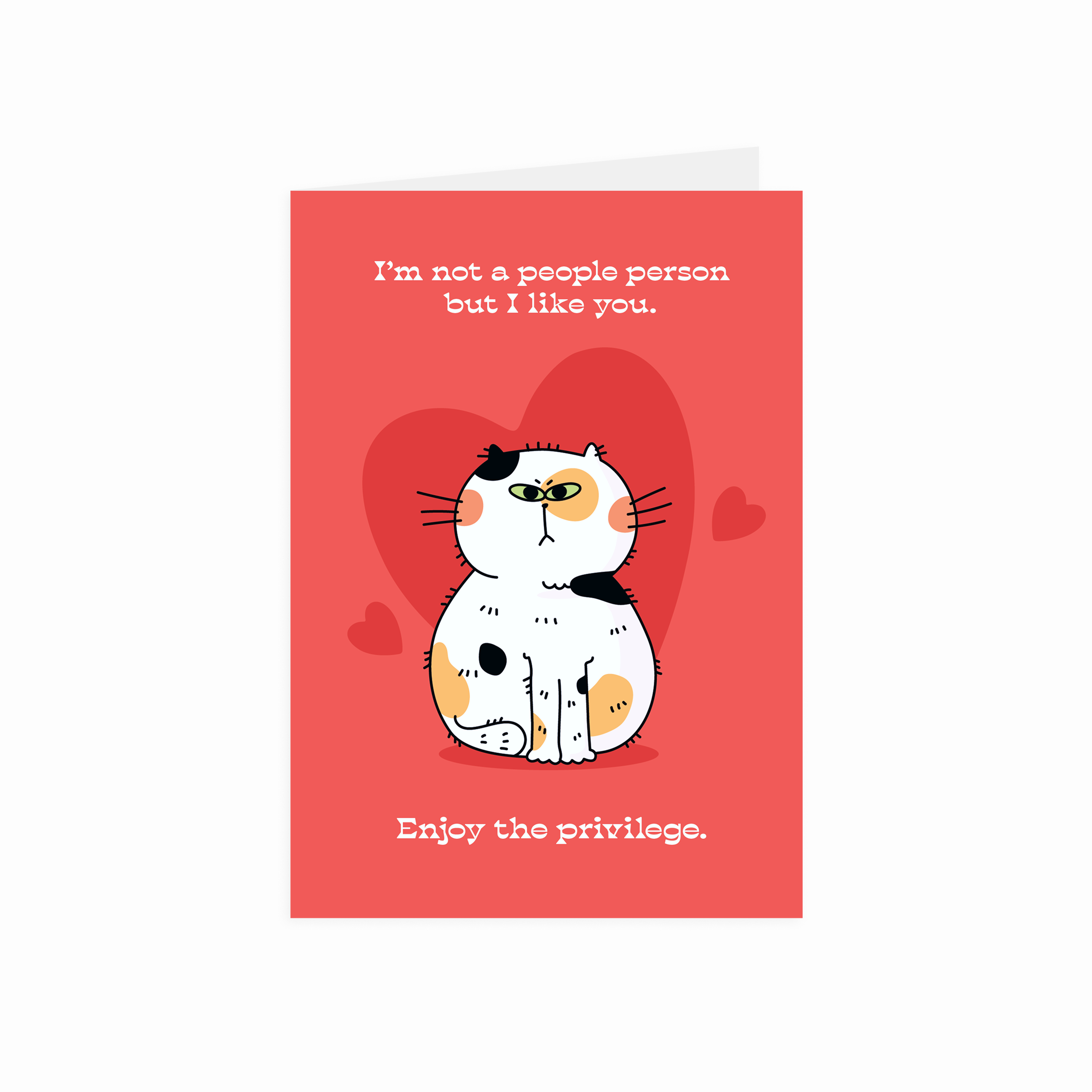 Card with a cat illustration and humorous text on a red background