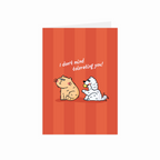 Greeting card with cartoon cat and dog on a red striped background
