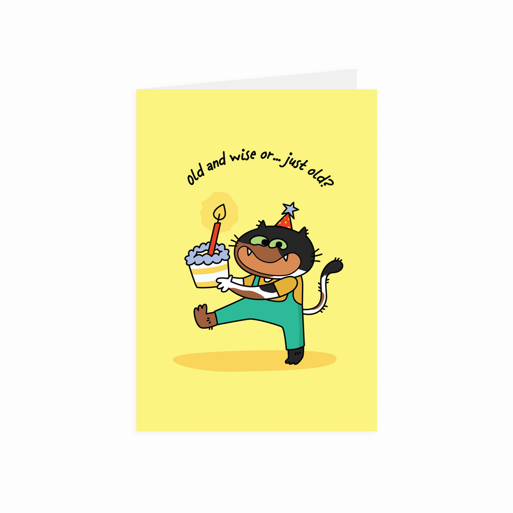 Greeting card with a cartoon cat holding a cake and candle, on a yellow background.