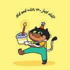 Cartoon cat celebrating a birthday with a cake and candle on a yellow background