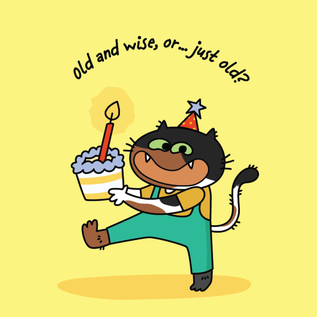 Cartoon cat celebrating a birthday with a cake and candle on a yellow background
