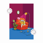 Illustration of a cat lying on an armchair with a book, surrounded by a lamp and plant, on a blue and pink background.
