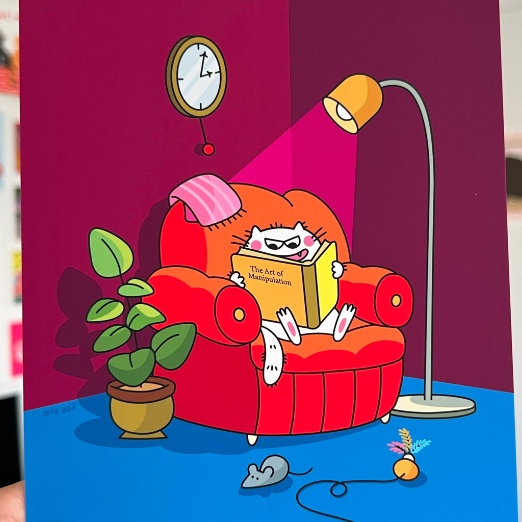 Cartoon cat character reading a book on a red couch with a lamp and plant in the background.
