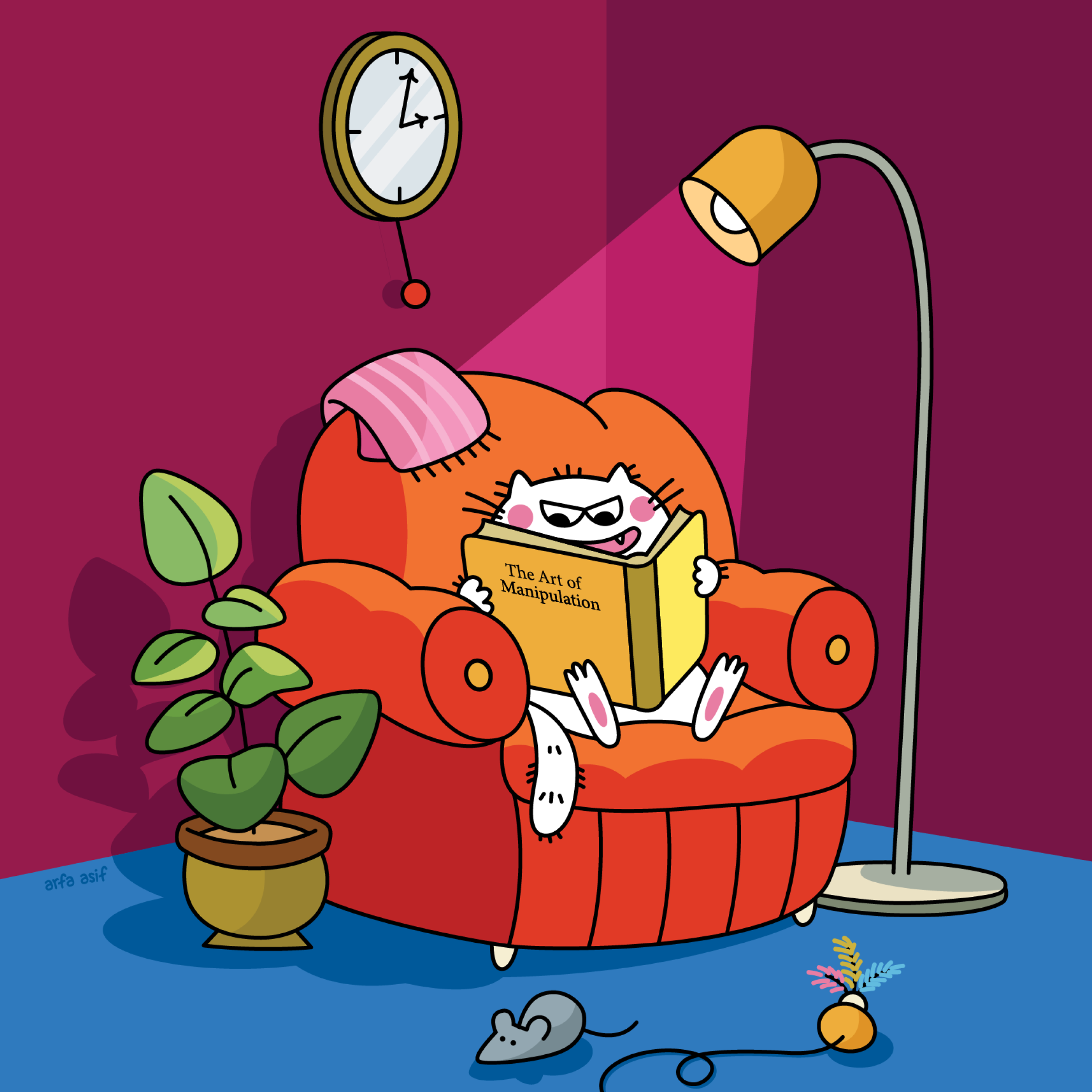 Cartoon cat character reading a book on a red armchair with a lamp and plant in the room.
