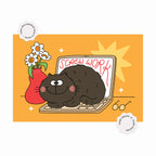 Illustration of a cat on a laptop with 'Screw Work' text, flowers, and a sun on an orange background.