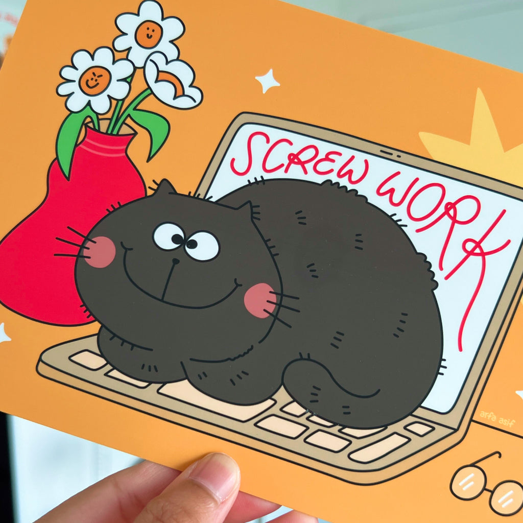 Cartoon black cat on a laptop with 'Screw Work' text, flowers in the background
