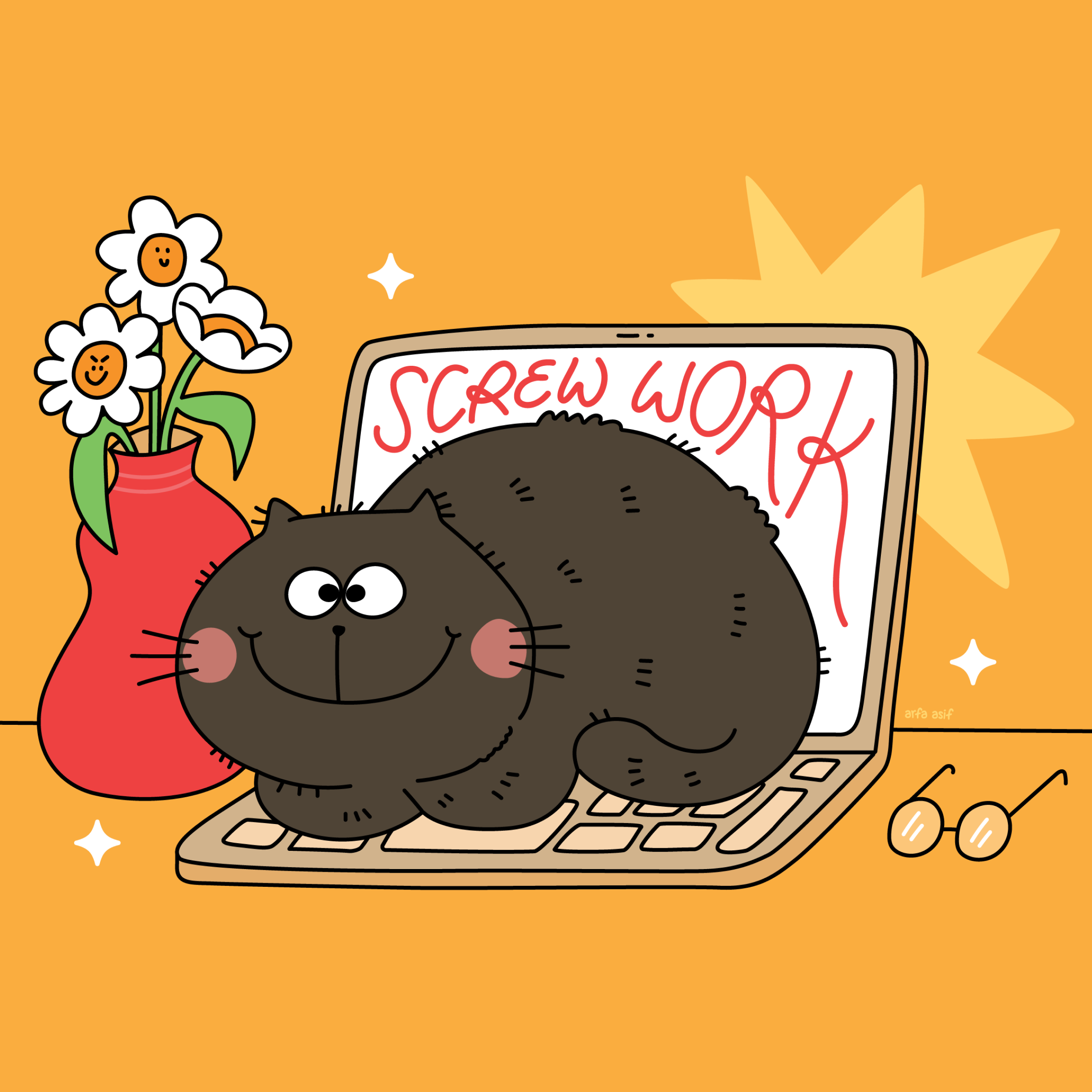 Cartoon cat on a laptop with 'Screw Work' text, flowers, and sunglasses on an orange background