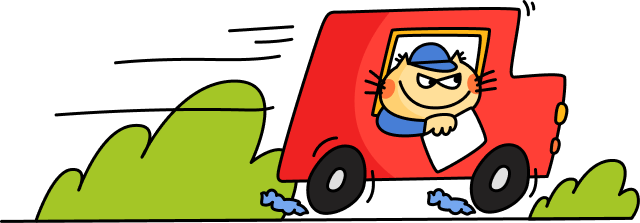 Cartoon cat driving a red car with a green landscape in the background