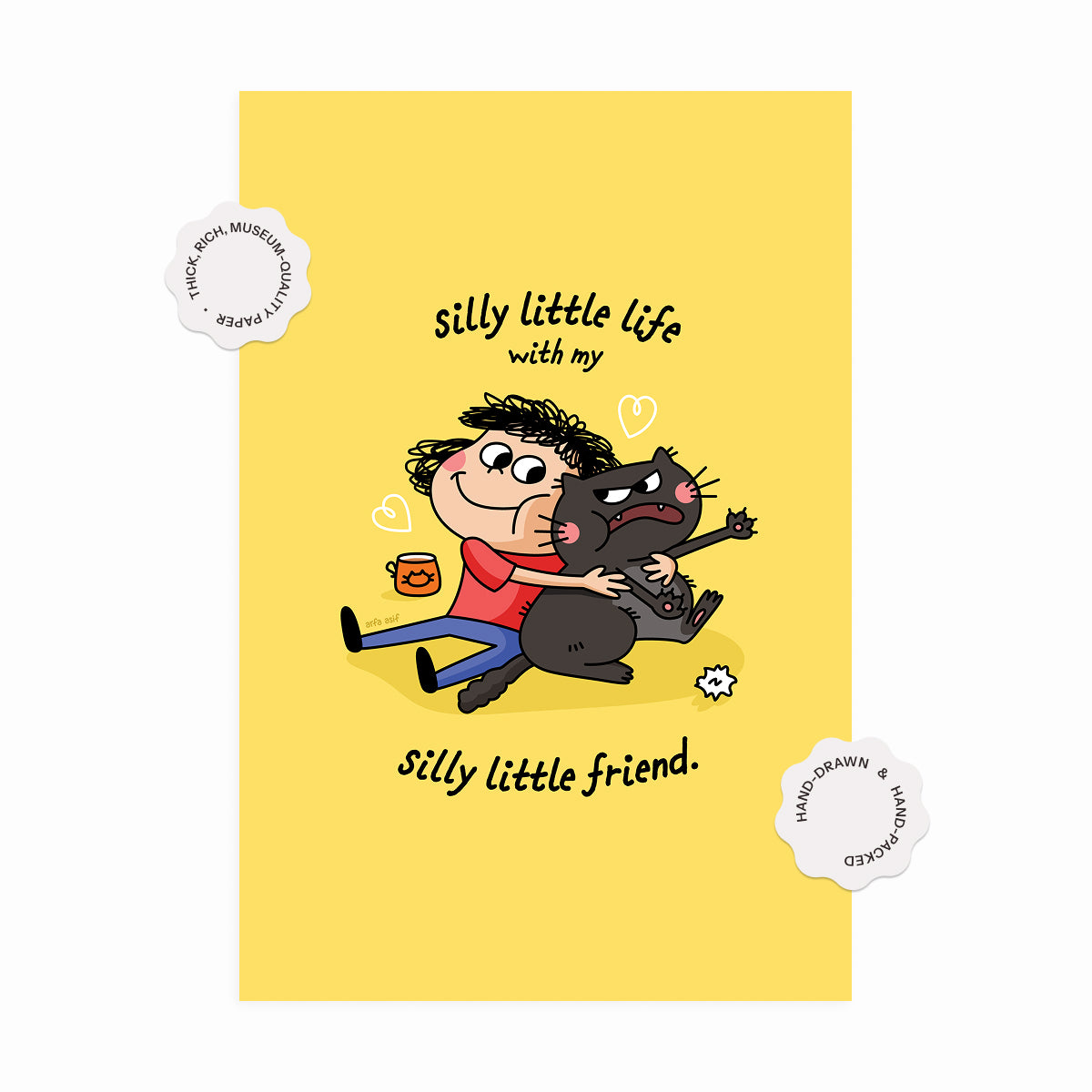 Book cover with cartoon illustration of a boy hugging a cat on a yellow background
