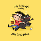 Cartoon illustration of a person hugging a black cat with text on a yellow background