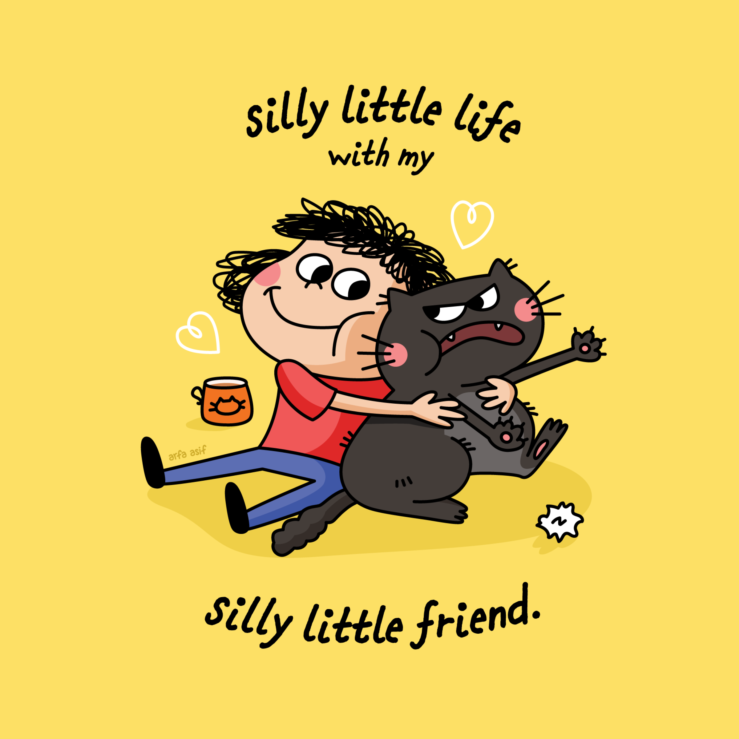 Cartoon illustration of a person hugging a black cat with text on a yellow background